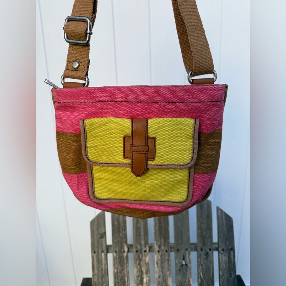 Fossil Shay Canvas Crossbody Pink Yellow Handbag Flap Closure Pocket Bag‎ NWOT W